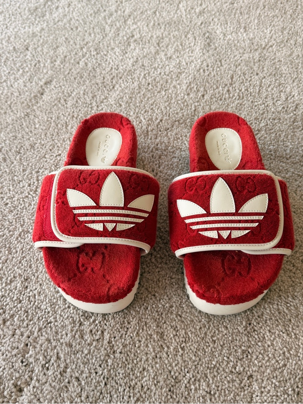 Gucci x Adidas Red Terry Slide Sandals with White Trefoil Accent